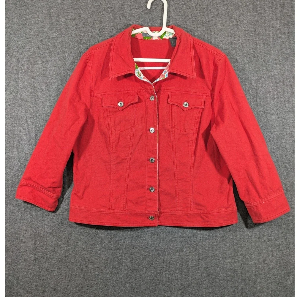 Liz Claiborne Button Up 3/4 Sleeve Red Floral Denim Style Jacket Size XL